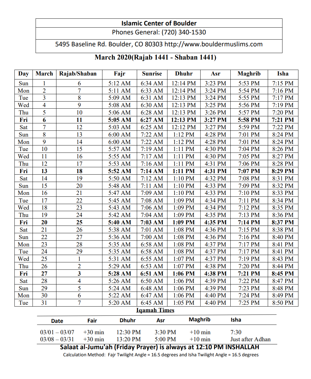 Prayer Times Islamic Center of Boulder