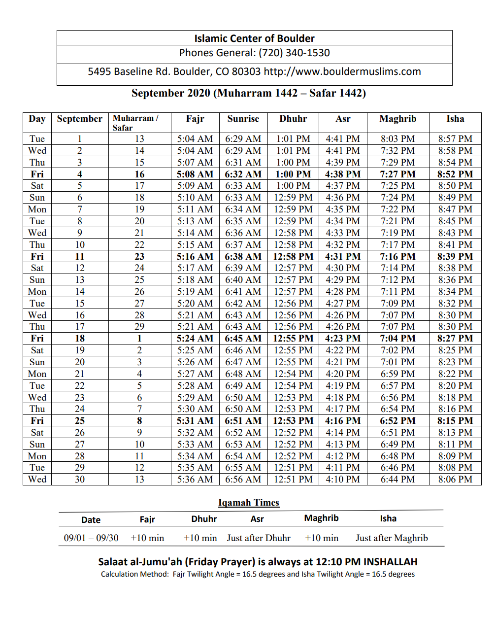 Prayer Times – Islamic Center Of Boulder