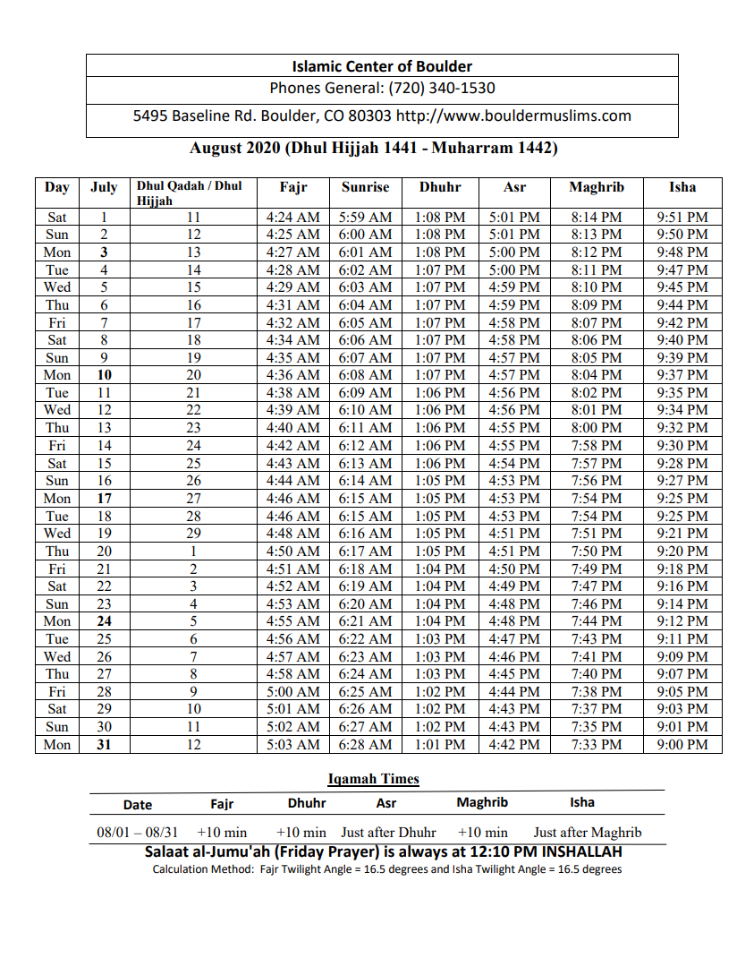 Prayer Times – Islamic Center Of Boulder