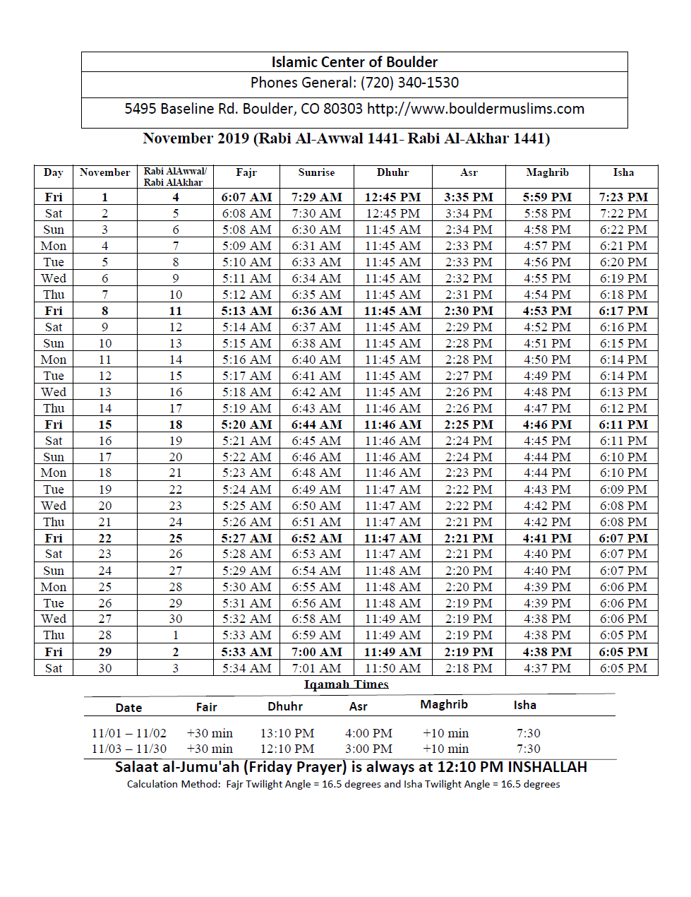 Prayer Times – Islamic Center of Boulder