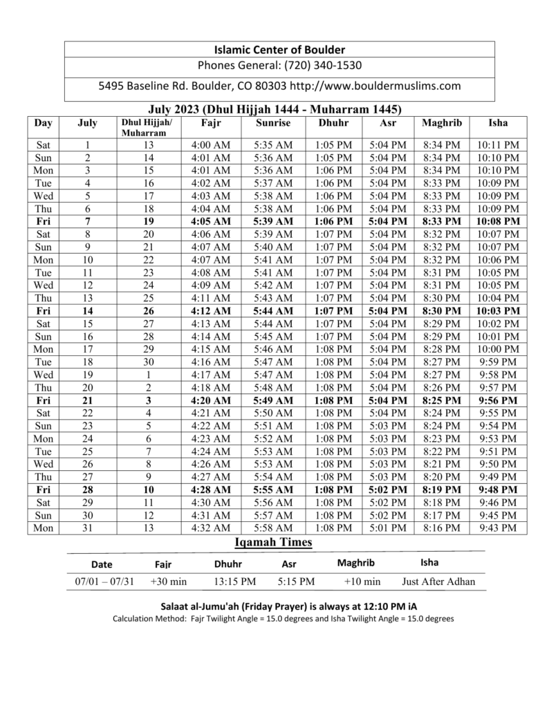 Prayer Times – Islamic Center of Boulder