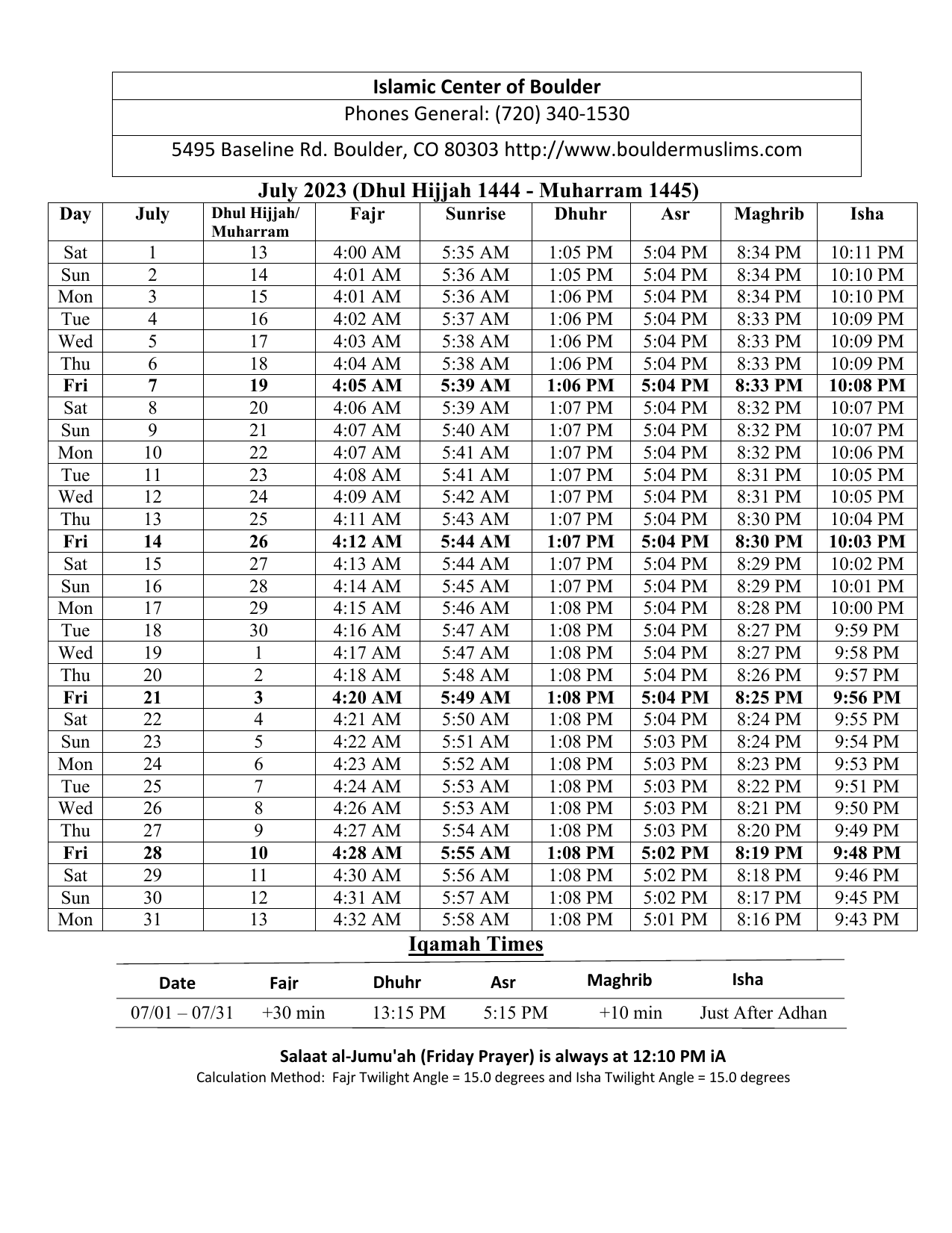 Prayer Times – Islamic Center of Boulder